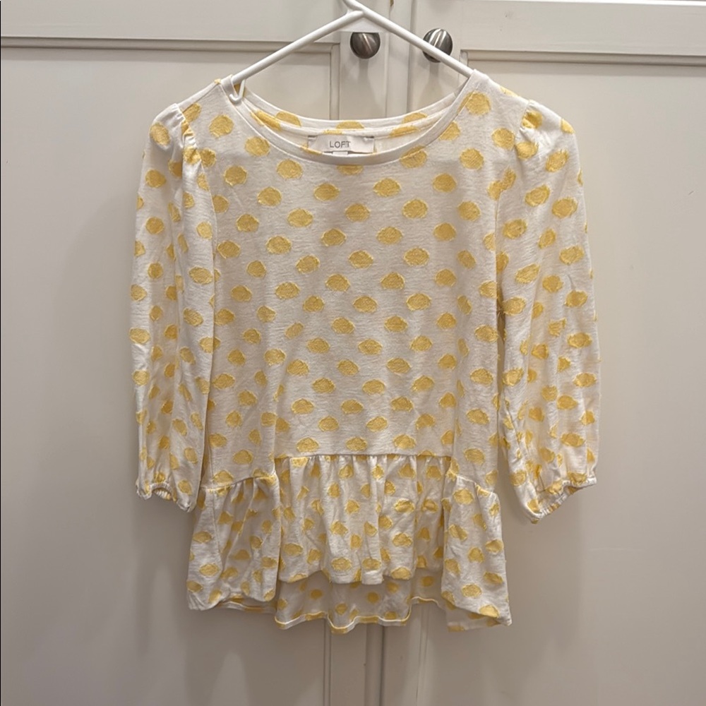 LOFT Yellow and White Ruffled Peplum Blouse